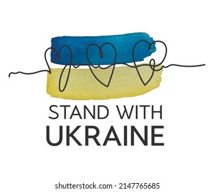 Poster with one-line hearts on a background of a watercolor Ukrainian flag and the inscriptions tand with Ukraine