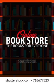 Poster Online Book Store. Book shelf or bookcase on the background