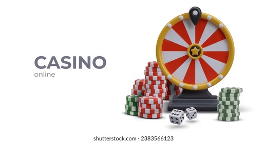 Poster for online casino. Realistic wheel of fortune, stacks of poker chips, gambling dice. Color vector composition on white background. Place for logo, text, button