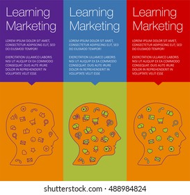 Poster for online course, training, workshop. Banner for web site advertising. Set of vector vertical banners. Human head with set of icons. Linear icon design ideas. Concept of business training