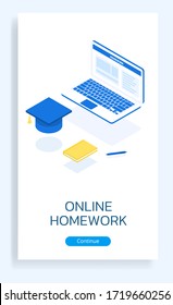 Poster with online homework for students. Do homework using a laptop. Stylish vector isometric illustration with laptop, notepad, graduate cap and pen on white background. 