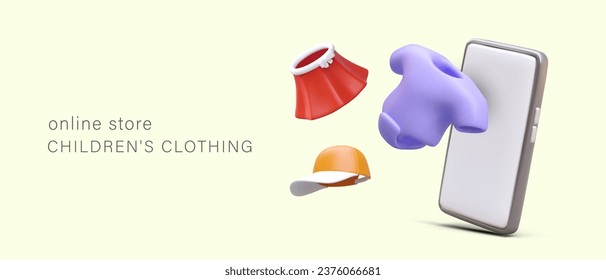 Afiche de una tienda online con ropa para niños. 3d smartphone realista, gorra, traje corporal para niños y faldas. Afiche web para el concepto de tienda en línea. Ilustración del vector