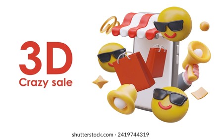 Poster for online store. Crazy sale. Modern smartphone with shopping bags, emoji with sunglasses svg