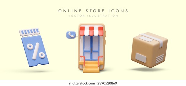 Poster with online store icons, place for text. Collection with percentage, mobile phone with online store and big parcel. Vector illustration in 3D style