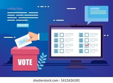poster of online vote with computer and ballot box vector illustration design
