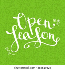 poster "open season" on the green print, seamless pattern, set of icons and symbols of spring, summer, vector illustration