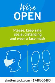 Poster for the opening of business after the quarantine. Social distancing. Please, keep safe distancing and wear a face mask. Avoid coronavirus. Flat design.