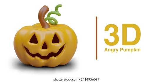 Poster with orange angry pumpkin with smile and place for text. Decorative lantern concept. Vector illustration in 3d style with shadow and white background