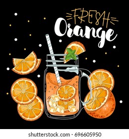 The poster with the orange juice glass elements. The inscription fresh orange drawing on blackboard background.