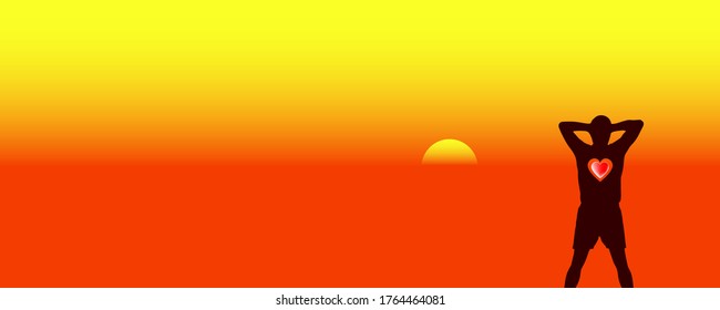 Poster orange landscape sunset or sunrise. Dark silhouette of a man with a big heart