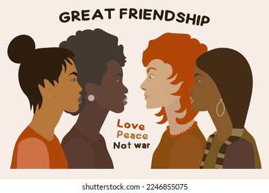 Poster ore banner about tolerance to people of different nationalities. Face profile. Stop racism. Four skin colors. African, European, Asian, Native american. Concept. Love, friendship, no war.