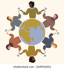 Poster mehr Banner zum Thema Toleranz gegenüber Menschen verschiedener Nationalitäten. Hör auf mit Rassismus. Menschen auf der ganzen Welt. Afrikanisch, europäisch, arabisch.  Konzept. Liebe, Freundschaft, kein Krieg.