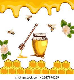 poster of organic honey in a glass jar, honeycombs, flowers, bees