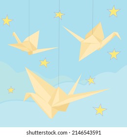 poster with origami cranes on the background of the night sky and stars. clouds and stars. origami birds on ropes under the ceiling. flat vector. gift card. sweet dreams.