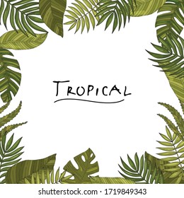 Poster with ornament, frame border, hand drawn tropical or forest leaves with many shades of green, oval or ovoid type. Sketch inscription topical. Vector composition Isolated on a white background