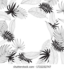 Poster with ornament, frame border, hand drawn tropical or forest leaves of black skeich on a white chalkboard background, oval or ovoid type. Vector composition isolated on a white background