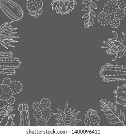 Poster with ornament hand drawn cacti and succulents on a chalkboard background. Vector composition in scketch style