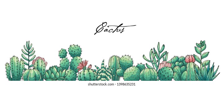 Poster with ornament hand drawn colored lettering, cacti and succulents. Vector composition in scketch style