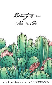 Poster with ornament hand drawn colored lettering, cacti and succulents. Vector composition in scketch style