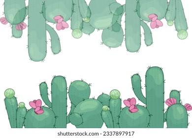 Poster with ornament hand drawn colored lettering, cactus and succulents. Vector composition