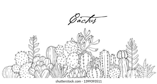 Poster with ornament hand drawn lettering, cacti and succulents on white background. Vector composition in scketch style