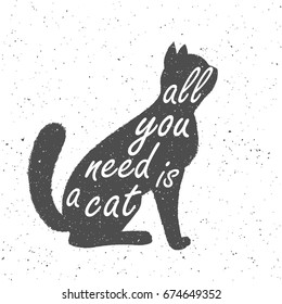 Poster with outline black cat on a white background and free hand drawn typography lettering