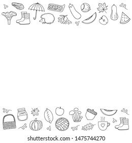 Poster with outline doodle autumn seasonal icons and space for text.