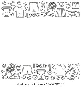 Poster with outline doodle big tennis and sport items, equipment, clothes on white background.