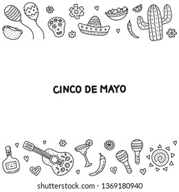 Poster with outline doodle Cinco de mayo icons on white background.