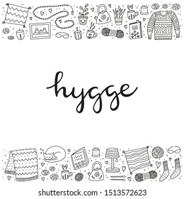 Poster with outline doodle hygge icons in Scandinavian style and lettering. Nordic lifestyle