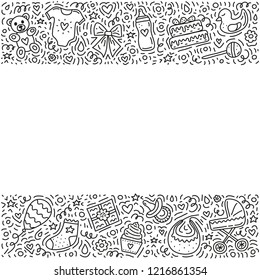 Poster with outline doodles for baby shower with lines, swirls, symbols around.