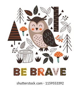 poster owl in forest  Scandinavian style