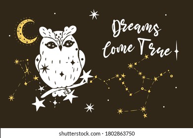 Poster with an owl, stars and the inscription Dreams Come True. Vector graphics.