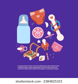 Poster with pacifier, rattle, pillow, baby bottle, diaper. Vector hand draw illustration