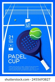 póster para competición de pádel, raqueta y bola sobre fondo azul Vector gráfico, Anuncio