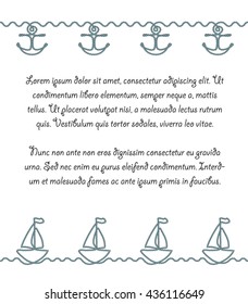 Poster or page design with sea borders made of nautical rope. Anchor and boat decorative summer border patterns. Decorative and simple rope brushes are included.