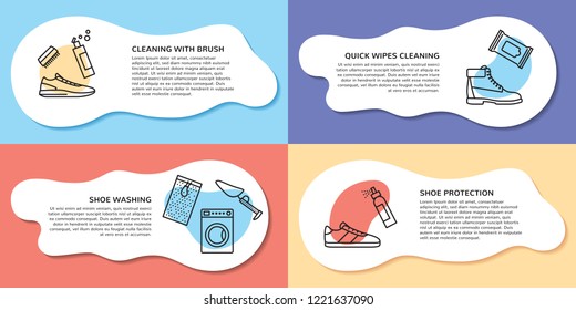 Poster page layout for sneaker cleaning web site. Vector trainer washing and protection design concept, banner. Outline icon illustration showing shoe clean process and accessories with place for text