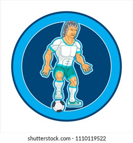 A poster with a painted character, a football player