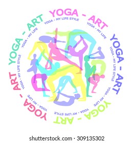 The poster with painted colored figures of people in various poses of yoga, grouped in a circle and an inscription in a circle "Yoga - Art" on a white background