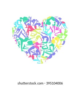 Poster with painted colored human figures in various poses of yoga, are grouped in the form of heart on a white background.
