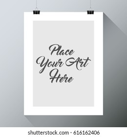 Poster Painting Art White Frame Hanging on the Wall with Binder Clips and Ropes Mock Up Template Layout Vector Art Design