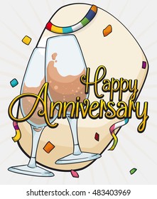 Poster with a pair of elegant wine glasses for the Anniversary party with streamers and confetti.