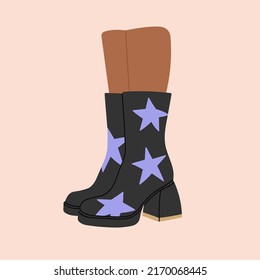 Afiche con un par de piernas en botas para primavera o otoño, tacones altos. Pie, pies. Diseño genial. Calzado elegante. Moda y estilo de vida. Ilustración vectorial dibujada a mano en colores de moda. Diseño plano