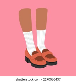 Afiche con un par de piernas en lomos, moccasinas. Pie, pies. Diseño genial. Calzado elegante. Moda y estilo de vida. Ilustración vectorial dibujada a mano en colores de moda. Diseño plano