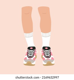 Poster with a pair of legs in sport shoes, sneakers. Foot, feet. Cool design. Stylish footwear. Fashion and lifestyle. Hand drawn vector illustration in trendy colors. Flat design