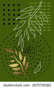 Poster with palm leaves on a dark green background. White linear leaves and golden leaves with a gradient. Minimalistic poster with tropical plants. Vector backgrounds for print, cover and wall art.