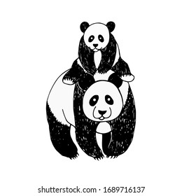 Poster with a Panda and its baby in a sketch style. Happy little cute panda. Adorable mammal animal. Vector illustration