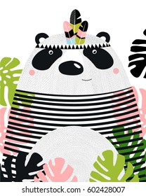 A poster with a panda. A cartoon panda. China. Topic. Foliage.