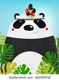 A poster with a panda. A cartoon panda. China. Topic. Foliage. Summer