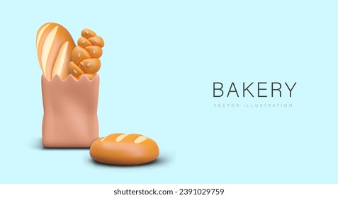 Poster with paper bag with loaf, braided bread inside, and round loaf near and blue background. Concept of bakery. Vector illustration in 3D style on white background